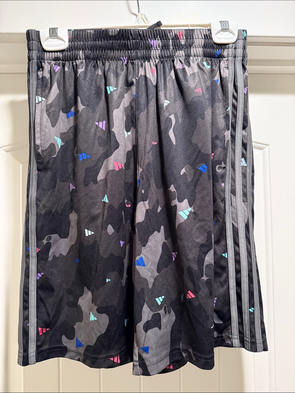 adidas Kids Black Camo Shorts with Teal Blue Pink Purple Accents